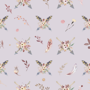 波西米亚无缝水彩图案的箭和野花, 叶子, 树枝花, 插图隔绝, 鸟和羽毛, bohenian 装饰花束