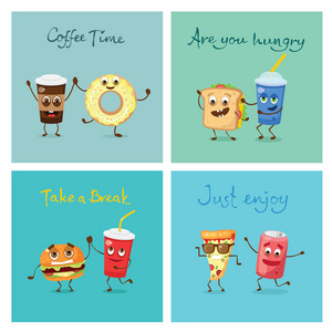 矢量卡通有趣的朋友快餐比萨饼, 土司, 玻璃汁, 汉堡包, 甜甜圈和一杯茶和咖啡的情绪