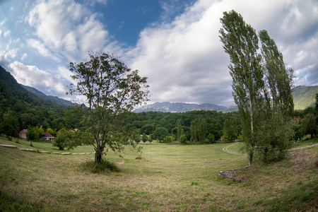 美丽的山和森林的风景与大厦在夏天, 阿塞拜疆