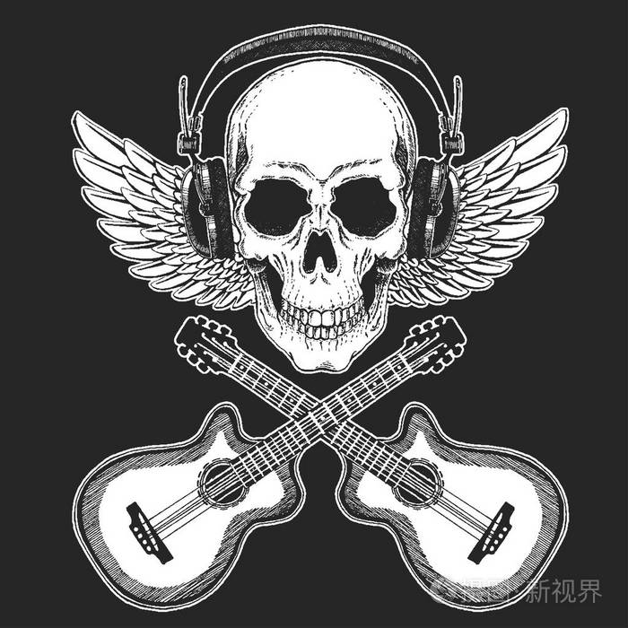 头骨戴着电吉他耳机.重金属党.摇滚明星