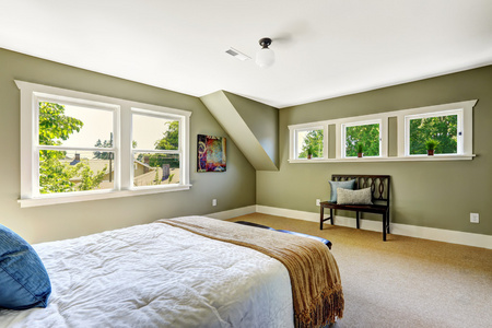 空房间天花板上窗口卧室里有绿色的墙壁和拱形的天花板上照片