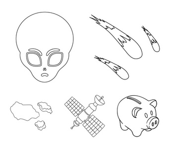 小行星，汽车，陨石 太空飞船 站用太阳能电池，外星人的脸。空间在大纲样式矢量符号股票图 web 设置集合图标