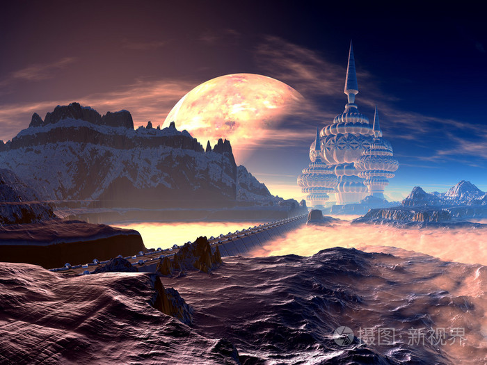 在遥远的星球的塔楼外星城市桥梁