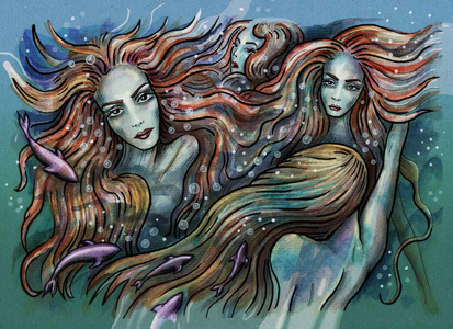 美人鱼。美人鱼在水下游泳。手绘插图数字彩色