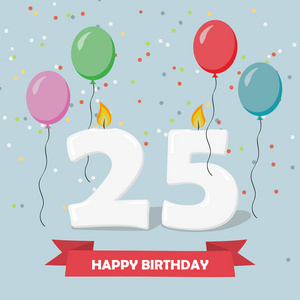 25年庆祝。生日贺卡, 蜡烛, 五彩纸屑和气球