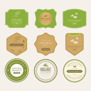 集天然标签和有机标签为绿色的木质纹理。老式标签和徽章设计