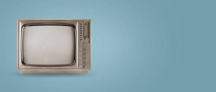 复古电视陈年葡萄酒颜色背景上的电视。复古的技术。平躺，顶视图英雄标头。葡萄酒颜色样式