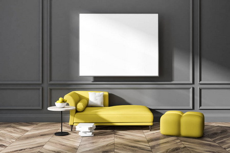 简约灰色起居室内有木地板黄色沙发和扶手椅和一张茶几。3d 渲染水平模拟海报框架