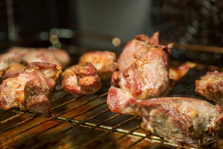 在炉排的切碎的肉切片为烹饪烧烤。烤架上的肉。羊肉串烤肉串在烤箱里