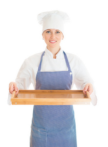 女厨师厨师拿着托盘的画像。白色衬底上分离