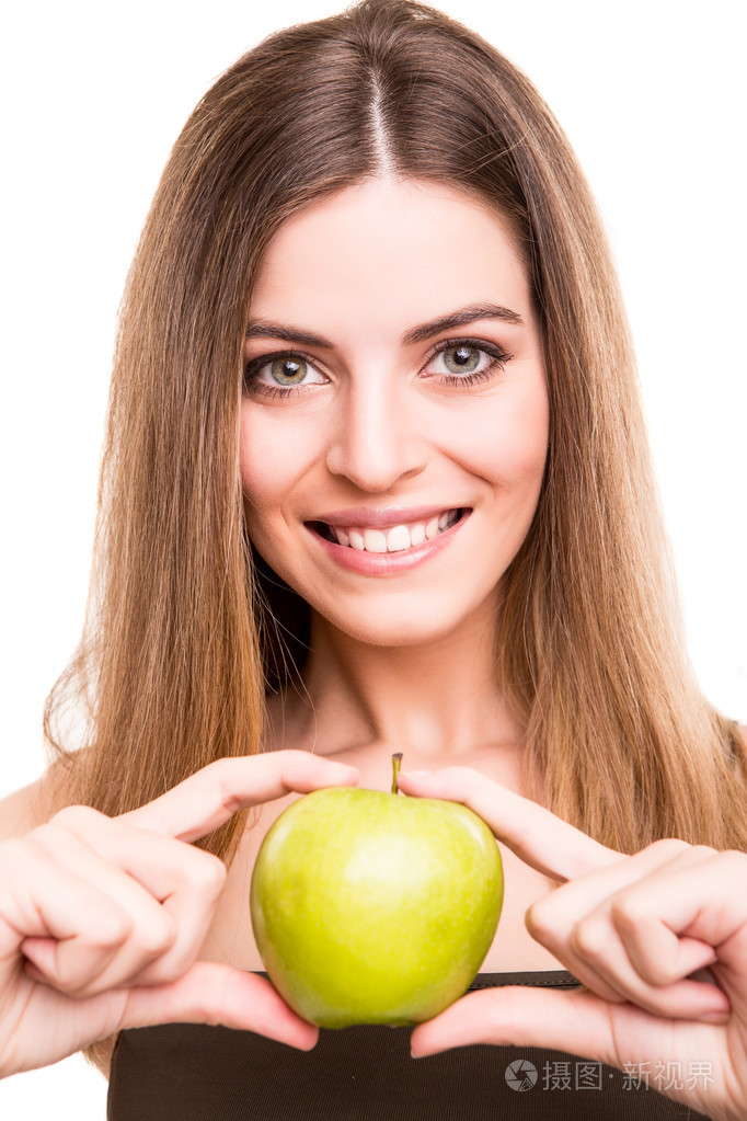 吃青苹果一个年轻女子的肖像