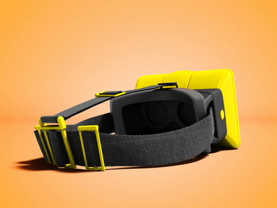 现代黄色虚拟现实眼镜带上固定头3d 渲染橙色背景与阴影