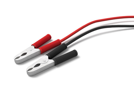 3d. 两套红色和黑色汽车电池夹连接到电缆上的渲染