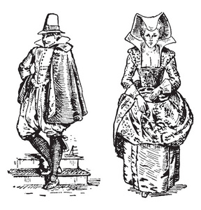 在法国服装, 复古线条画或雕刻插图的男人和女人