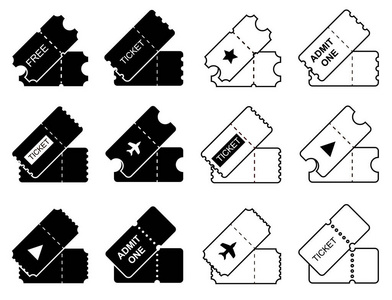 票证矢量图标设置。用于图形和 web 设计的黑色插图