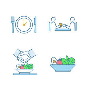 商务午餐颜色图标设置。晚餐休息, 咖啡厅会议, 餐后交易, 沙拉。孤立向量插图