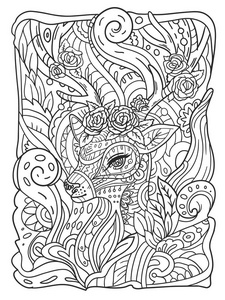 禅宗涂鸦着色页为成人与鹿与玫瑰。白色背景上的矢量插图