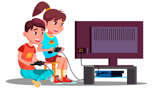 男孩和女孩一起玩电子游戏矢量。孤立的插图