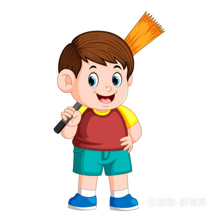 男孩用红色clotheis拿着扫帚清理垃圾