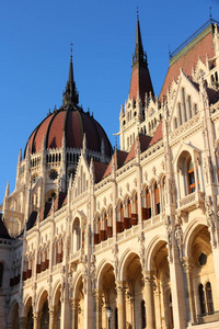 匈牙利议会布达佩斯的里程碑。夕阳的光