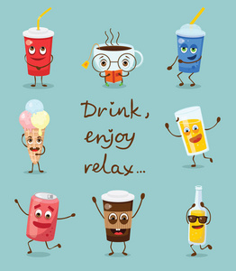 茶与水卡通滑稽饮品人物矢量 illustrationsof 杯茶和咖啡, 玻璃汁和