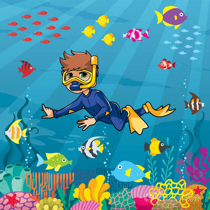 潜水员男孩海底插画-正版商用图片07ivm0-摄图新视界