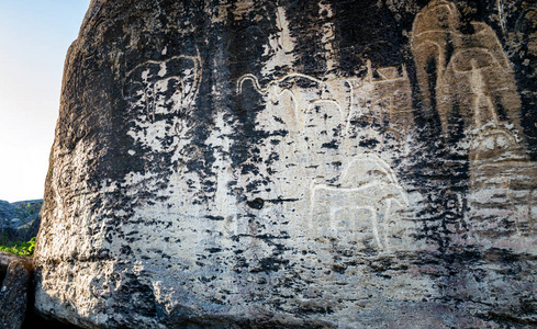 岩石上各种动物的古代史前图画。古代文明的遗迹