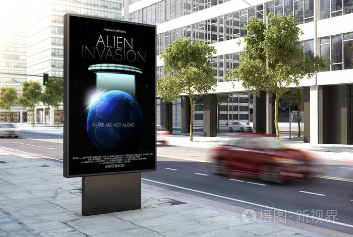 街道上的电影海报广告牌, 3d 渲染