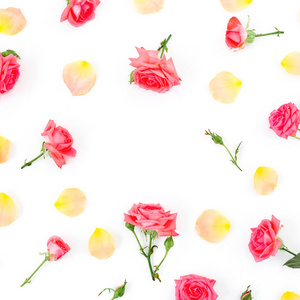 花卉圆形框架由玫瑰花和花瓣在白色背景。平躺, 顶部视图