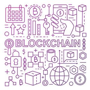 Blockchain 技术横幅模板用彩色线条图标制作