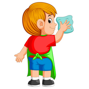 家庭主妇戴着橡胶彩色手套,在家里的厨房里用黄色海绵洗碗.