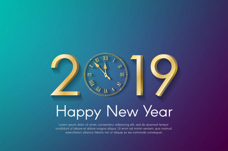在青色和紫色背景的黄金新年2019概念。向量贺卡例证与黄金数字和复古时钟