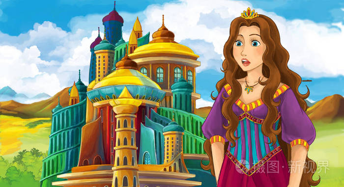 卡通场面与年轻和美丽的公主在城堡附近站立和看例证为孩子