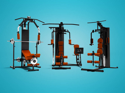 现代集金属动力运动训练装置橙色站立3d 渲染在蓝色背景与阴影