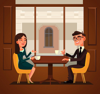 有两个同事朋友休息和喝咖啡.矢量平面卡通插画照片