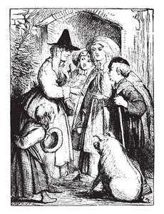 老妇人和猪, 这个场景显示一个老太太说话三人, 孩子和猪站在她附近, 复古线条画或雕刻插图