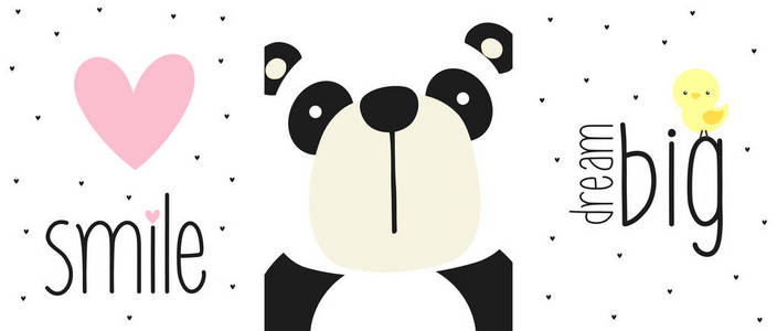 可爱的熊猫熊脸与报价和设计元素。婴儿和儿童的设计。可用于婴儿室墙体艺术苗圃装饰或请柬