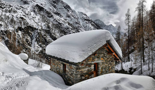 屋顶的积雪的小屋 cowred照片