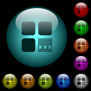 在黑色背景的彩色照明球形玻璃按钮中存档组件图标。可用于黑色或深色模板