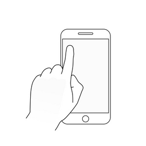 手指触摸空白智能手机屏幕。现代大纲概念的网页横幅, 网站, 图表。手机应用样机。创意平面设计