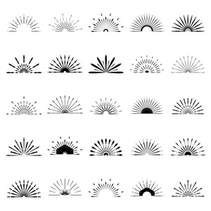 一大套复古的太阳爆裂的形状。25个半古董标志, 标签, 徽章。矢量设计元素隔离。最小的黑色烟花爆裂