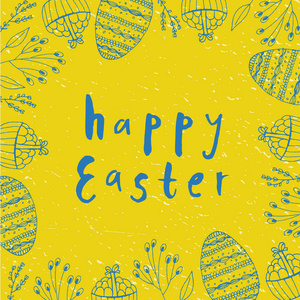 矢量复活节海报, 卡片, 横幅.手绘花和复活节彩蛋涂鸦画笔笔刻字照片