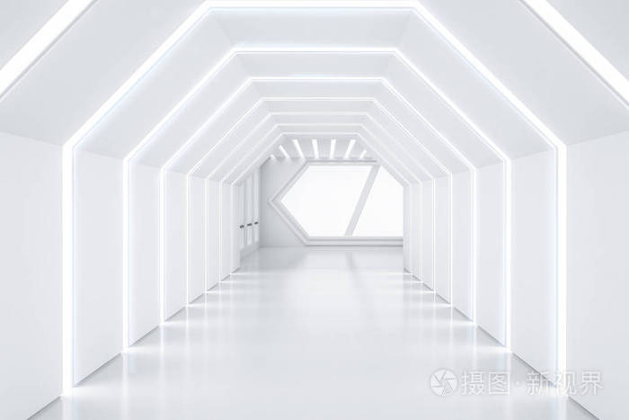 未来的空白色六角形走廊与点燃的天花板和墙壁 窗口的最后 建筑创新理念与高科技3d 渲染照片 正版商用图片07k041 摄图新视界