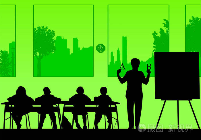 年长的学校老师教学生信件或提供他们选择剪影一在相似的图片系列