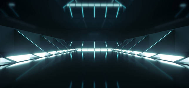 未来现代科幻黑暗空太空船隧道走廊房间与蓝色白色发光的灯光和反射技术概念3d 渲染背景插图