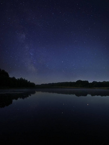 银河星空下的夜湖图片