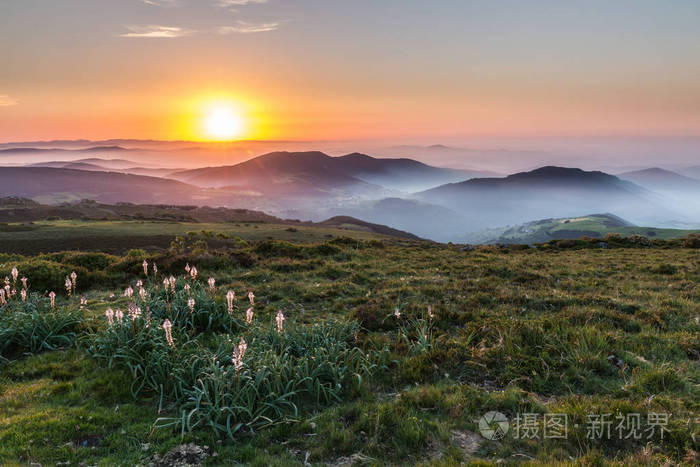 夏天结束时壮观的日落在西部阿斯图里亚斯的山, 天空与谷的雾对比和自然的不同的颜色与它的乡土植被