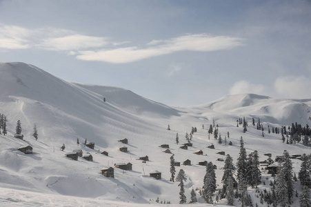 在 Goderzi 的热门旅游胜地, 雪覆盖的丘陵与树木和房子的华丽的冬季景观