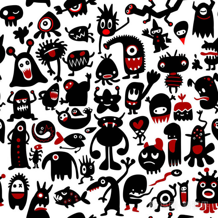 手工绘制的黑色怪物剪影.矢量插图.monst