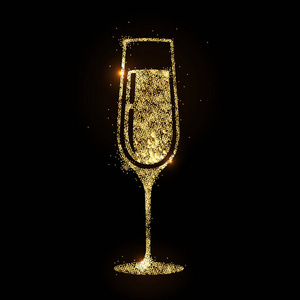 香槟玻璃向量图标。黑色背景金黄闪耀香槟眼镜